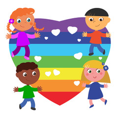 Peace flag in a heart shape with four children from different countries. Vector
