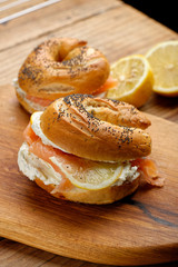 Healthy freshly baked bagel filled with smoked salmon lax and cream cheese
