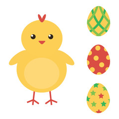 Easter eggs and cute baby chicken. Easter collection. Flat design vector illustration. 