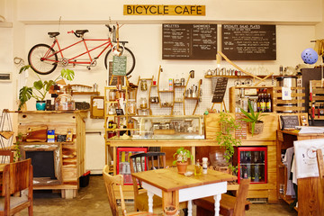 Interior of a trendy coffee shop called The Bicycle Cafe
