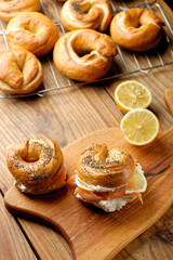 Healthy freshly baked bagel filled with smoked salmon lax and cream cheese