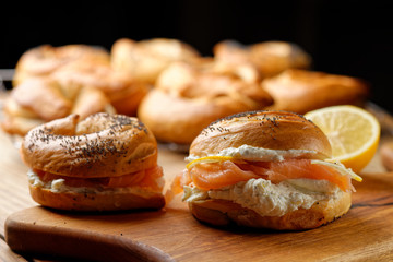 Healthy freshly baked bagel filled with smoked salmon lax and cream cheese