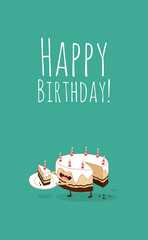 Happy birthday card. Funny birthday chocolate cake with candles. Vector illustration.