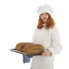 Female baker chef with bread