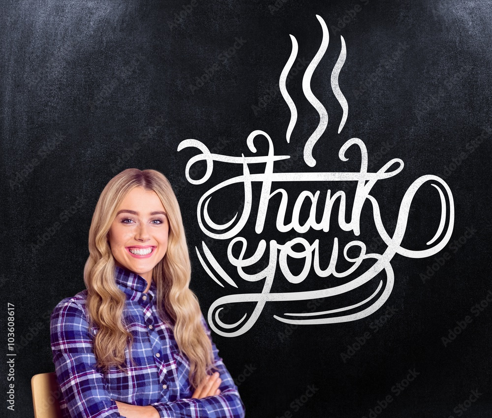 Poster composite image of pretty casual worker smiling at camera