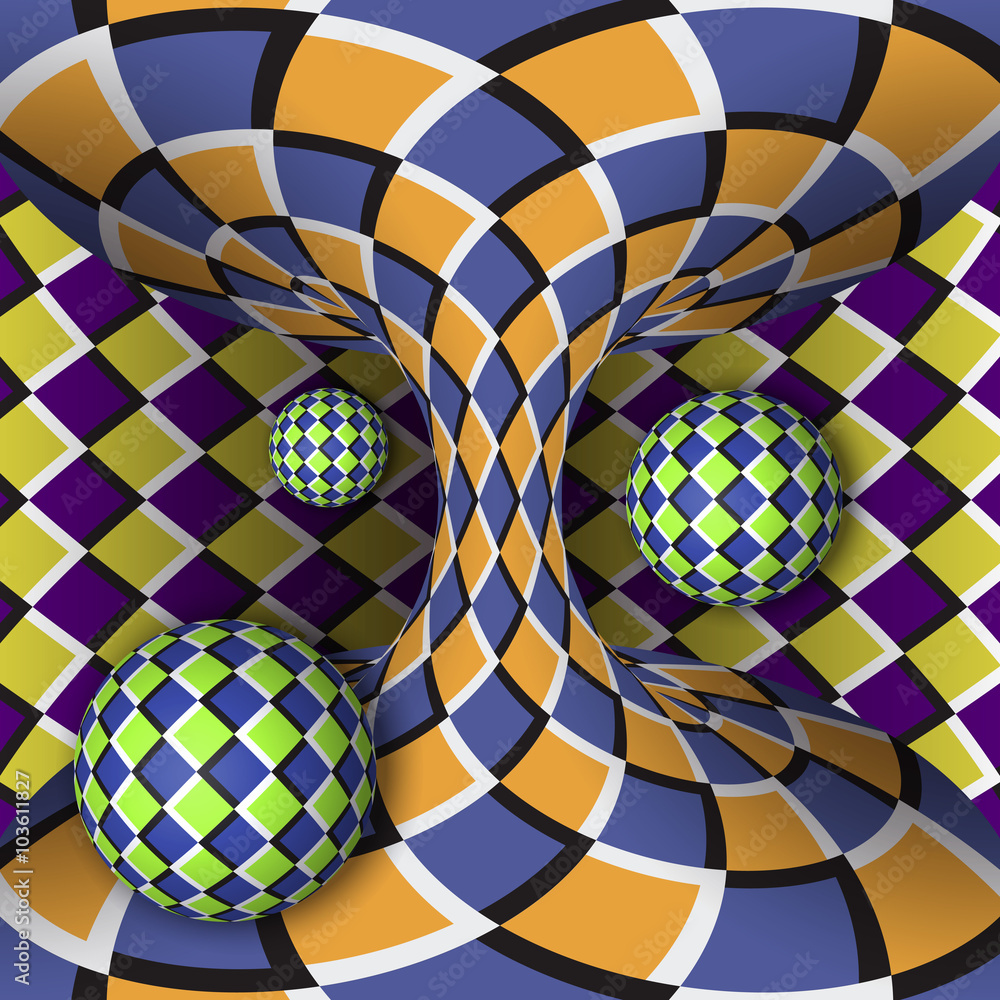Poster optical illusion of rotation of three balls around of a moving hyperboloid. abstract background.