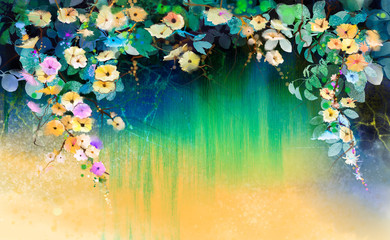 Fototapeta premium Abstract flowers watercolor painting. Hand painted White, Yellow and Red floral in soft color on blue green color background. Ivy flowers in tree park. Spring flower seasonal nature background