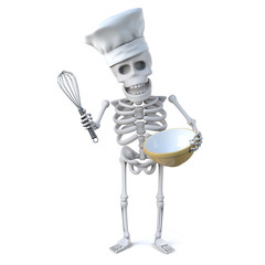 3d Skeleton chef mixes a cake in his bowl with his whisk