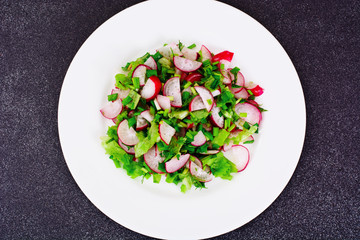 Dietary Salad from Fresh Juicy Radish, Green Onions, Lettuce