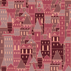 Fototapeta premium Seamless pattern with fairy medieval castles. Vintage colorful hand drawn vector illustration in line art style
