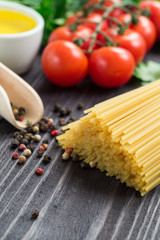 Italian spaghetti on a wooden table.