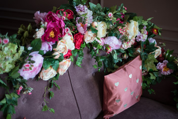 sofa fireplace in the flowers burgundy interior