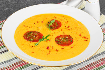 Pumpkin Soup with Carrot and Cherry Tomatoes, Saffron, Dried Her
