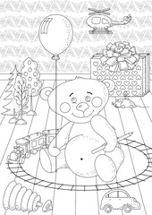 Coloring book for children and adults. Coloring page with toys