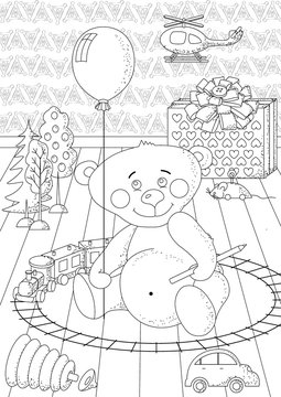 Coloring book for children and adults. Coloring page with toys