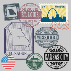 Stamp set with the name and map of Missouri, United States