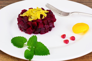 Beet Tartare with Fried Egg Yolk