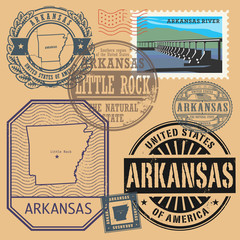 Stamp set with the name and map of Arkansas, United States