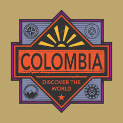 Stamp or vintage emblem with text Colombia, Discover the World