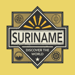 Stamp or vintage emblem with text Suriname, Discover the World