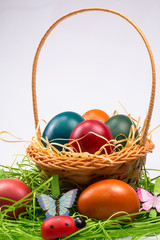 Fototapeta na wymiar Easter eggs in wicker basket on white