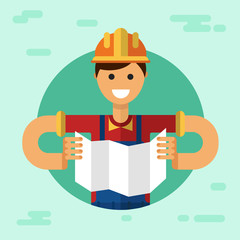 Vector flat style illustration of young smiling construction builder or worker in hardhat with paper work.