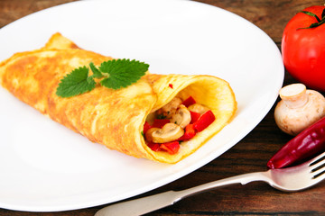 Healthy and Diet Food: Scrambled Eggs with Mushrooms and Vegetab