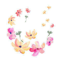 Watercolor springtime flower ring. Bright floral illustration in classic watercolour style on white backdrop.