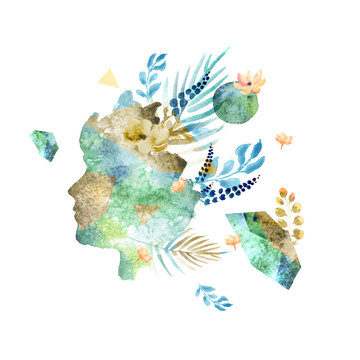 Veganism illustration with image of woman face in trendy watercolor style. Banner with leaves, branches, flowers — Introspection. Vegan concept with hand-drawn elements. Green planet.