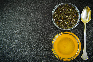 Chia Seeds, Oatmeal, Honey in Glass Bowl