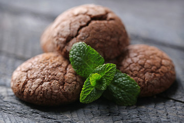 Chocolate chip cookie with mint, closeup