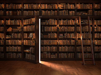 Secret door in the bookcase. Mysterious library with candle lighting. With vintage stuff. - obrazy, fototapety, plakaty