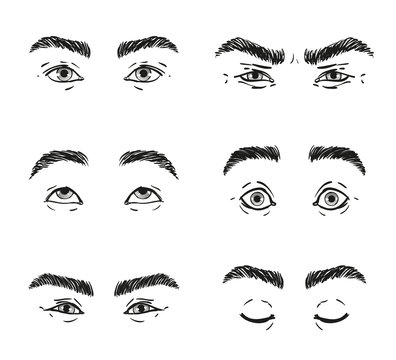Set male eyes, looks straight up, squint with different facial expressions emotions of surprise, calm, fear, anger, contempt, squint, closed eyelids, serenity, part of the face, isolated vector