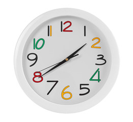 Round wall clock with colorful figures, isolated on white