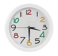 Round wall clock with colorful figures, isolated on white