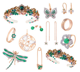 Set of jewelry items female. Gold silver green emerald gemstones diamonds precious accessorize - tiara, necklace butterfly, earrings, ring, pin isolated on white.  © SweetJulie