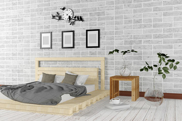 White minimal and loft style bedroom interior with decorative objects in simple living concept, 3D render