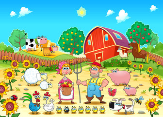 Funny farm scene with animals and farmers