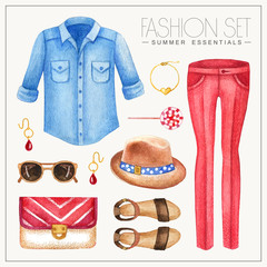 Fashion watercolor woman’s outfit with jeans shirt and trouser
