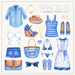 Fashion watercolor nautical style woman's outfit - 103625677