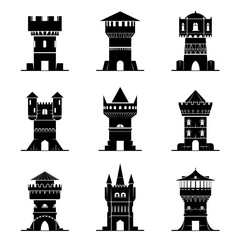 Set of black-and-white tower icons. Vector collection of symbols for medieval buildings. Qualitative vector signs about architecture, middle ages, castle, history, fantasy, defence, etc © kulyk