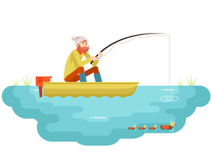 Lake fishing Adult Fisherman with Fishing Rod Boat Birds Isolated Concept Character Icon Flat Design Template Vector Illustration
