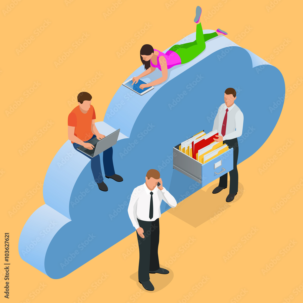 Poster mobile devices connected on a cloud data storage. cloud storage concept. protected cloud storage via