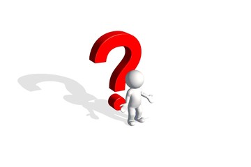 3d man thinking with red question marks over white background