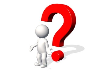 3d man thinking with red question marks over white background