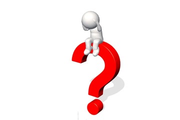 3d man thinking with red question marks over white background