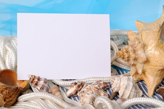 Frame for photo on a sea blue background with shell