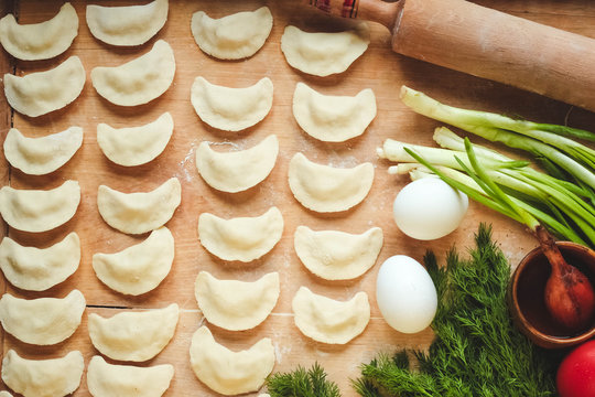 Vareniki (dumplings), pierogi before boiling - traditional Ukrainian food