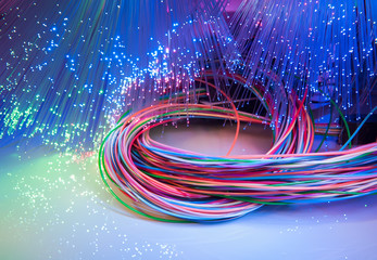 optical fibres dinamic flying from deep on technology background