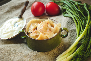 Steamed meat dumplings, traditional pelmeni or varenyky dish